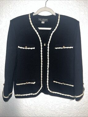 St. John Black Knit Jacket with Cream Trim